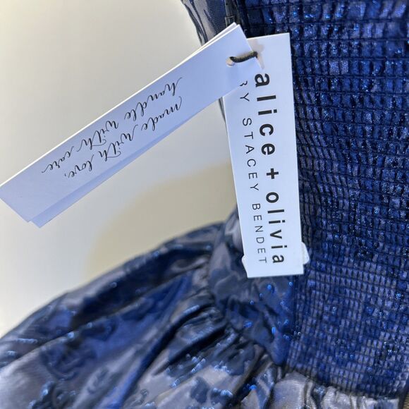 Alice Olivia Mini Midnight Blue Fit & Flare Metallic Look Velvet Bow Straps SZ 0 - Picture 6 of 9